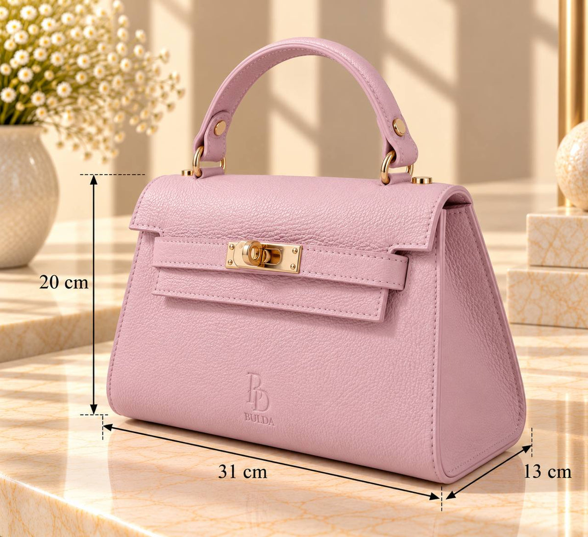 Structured, grained leather, top handle bag, Powder Pink