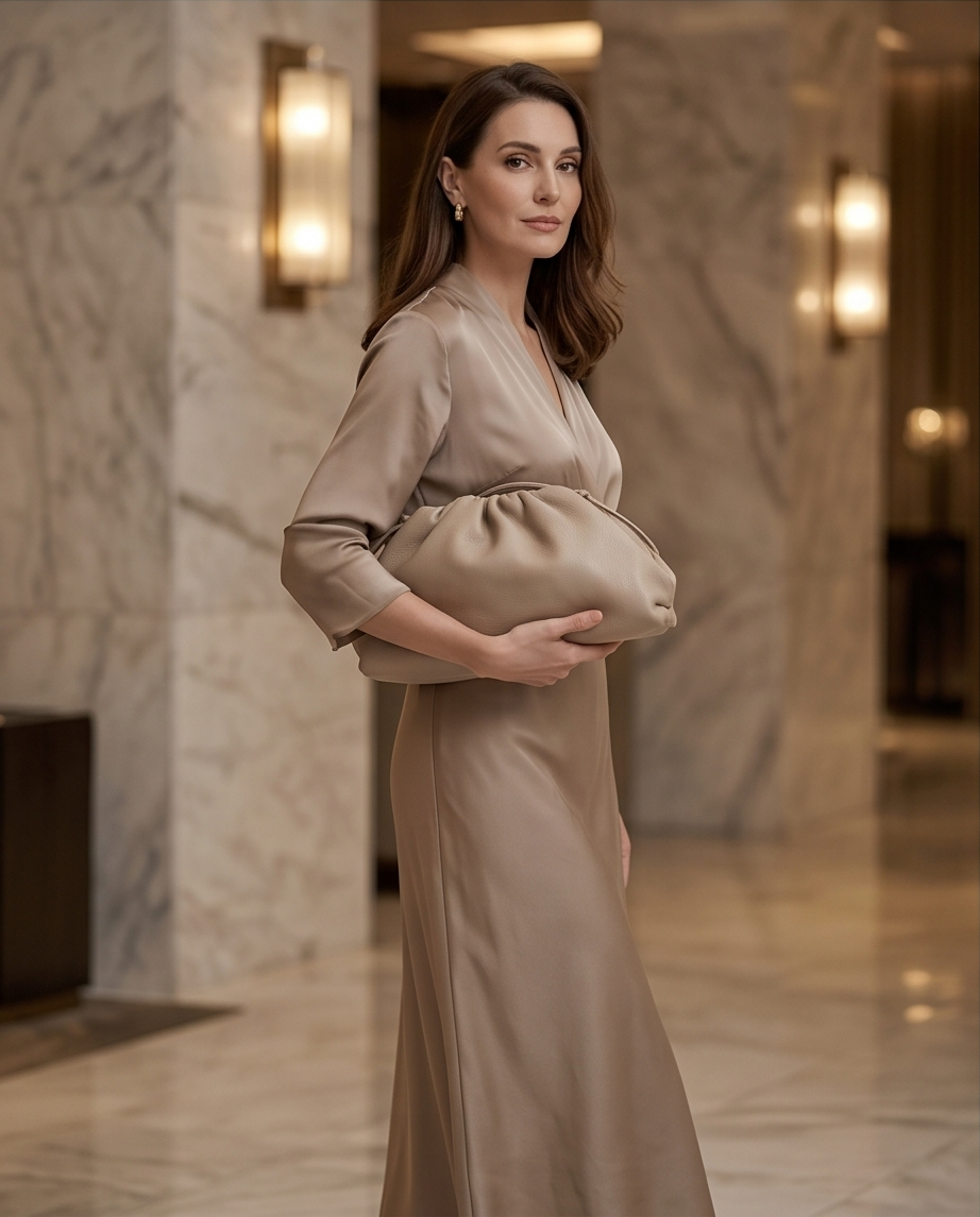 Elegant woman in a silk dress holding a taupe natural nappa leather clutch bag by Bulda, handcrafted in Tuscany Italy.