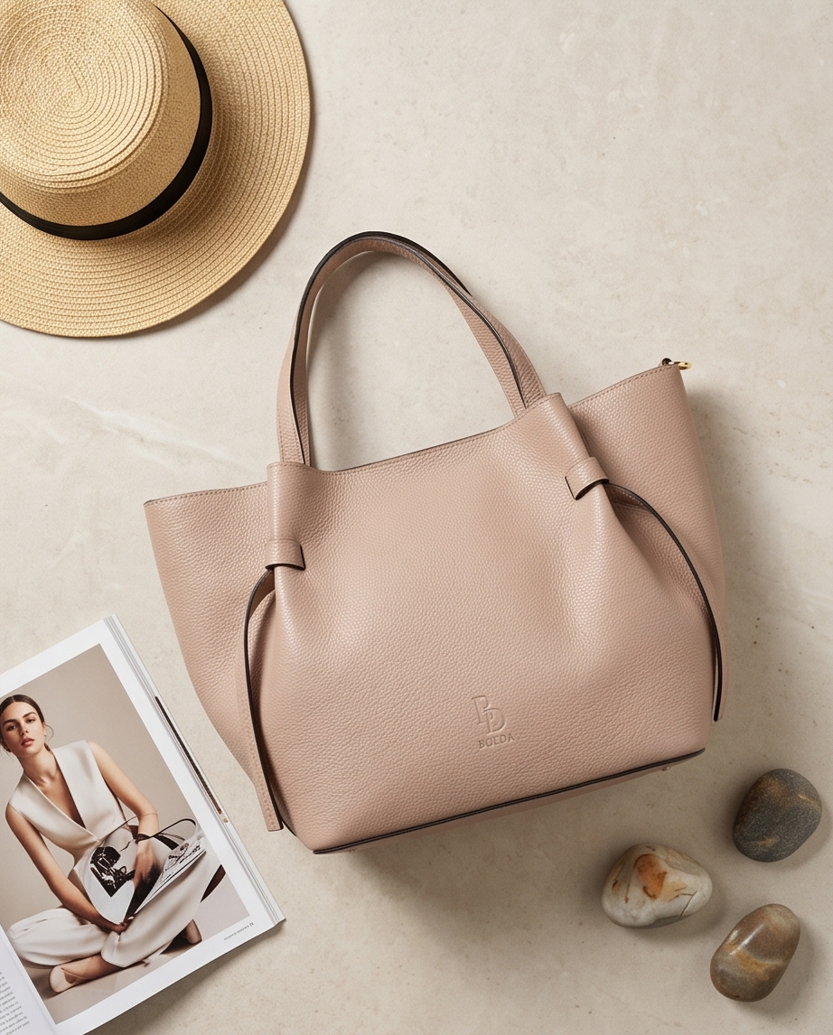 Aesthetic flatlay of a leather bag and summer accessories.