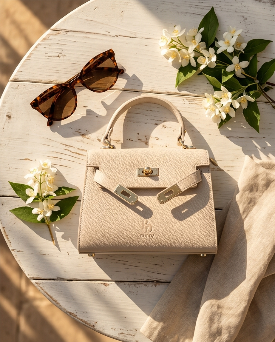 Beige leather handbag on a stone table in a Mediterranean garden, summer holiday vibe.