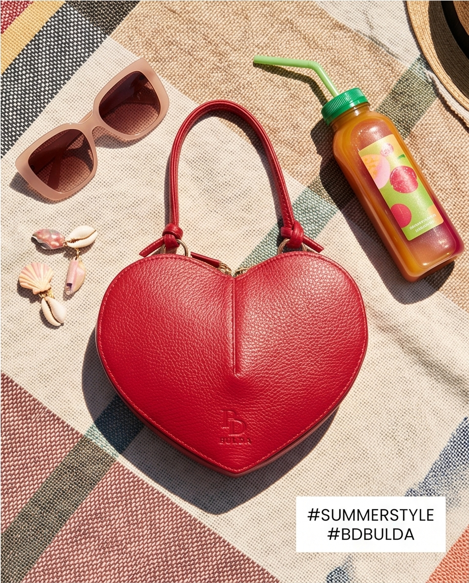 Lifestyle flatlay image featuring red heart bags with vacation accessories on a beige blanket over grass.