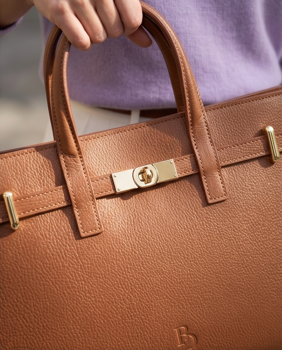 Close-up view of the gold-tone turn-lock closure on a brown textured leather handbag.