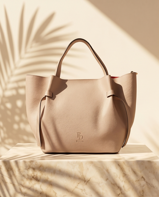 Front view of the Bulda taupe leather tote bag.