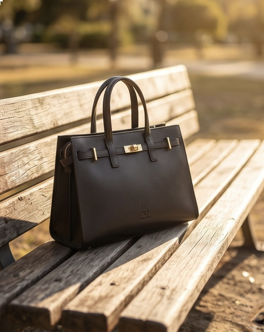 Front view of black structured leather handbag with gold hardware and top handles.