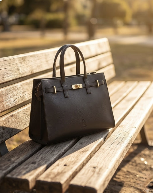 Front view of black structured leather handbag with gold hardware and top handles.
