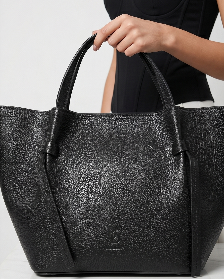 Close-up of the handle stitching and pebbled leather texture of the black Bulda bag.