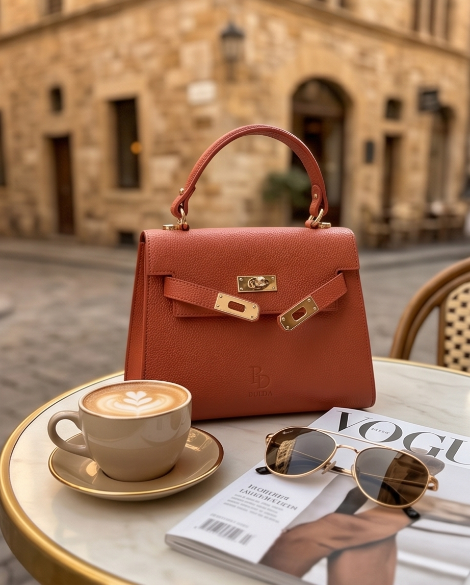 Terracotta leather bag on a marble cafe table with espresso and autumn accessories, Italian lifestyle aesthetic.