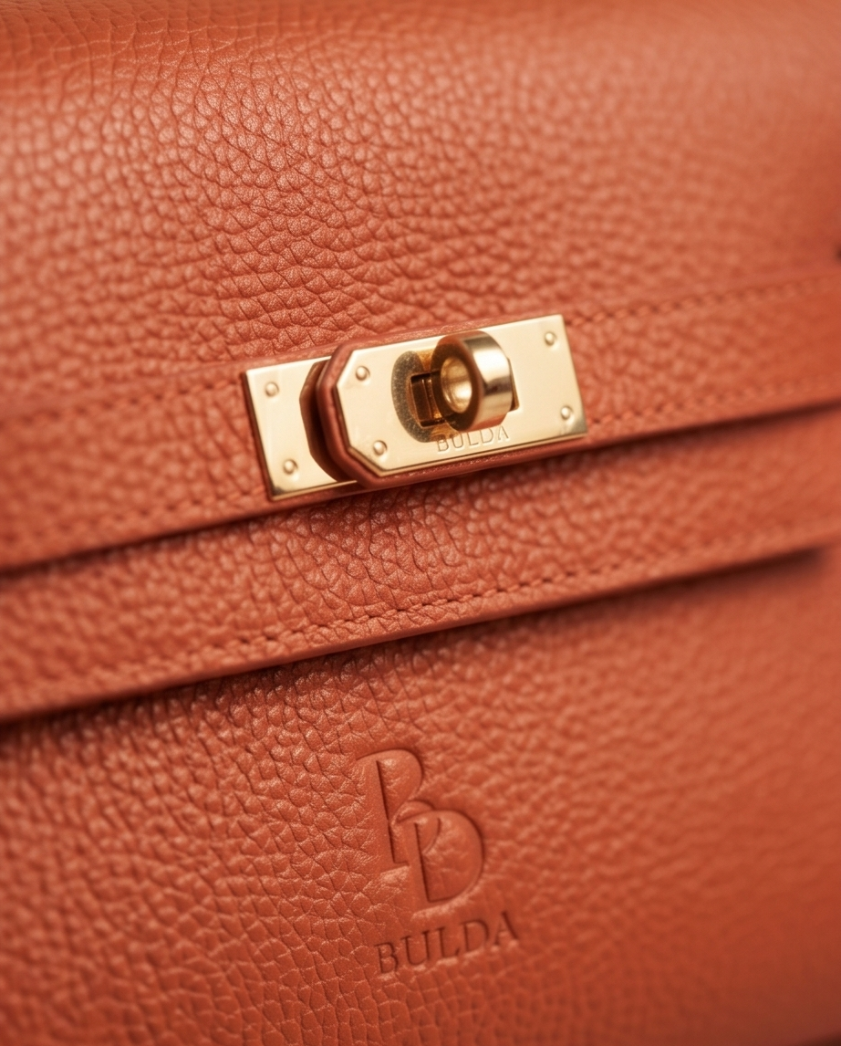 Close-up of gold-tone turn-lock clasp and premium leather texture on a Tuscan handmade bag.