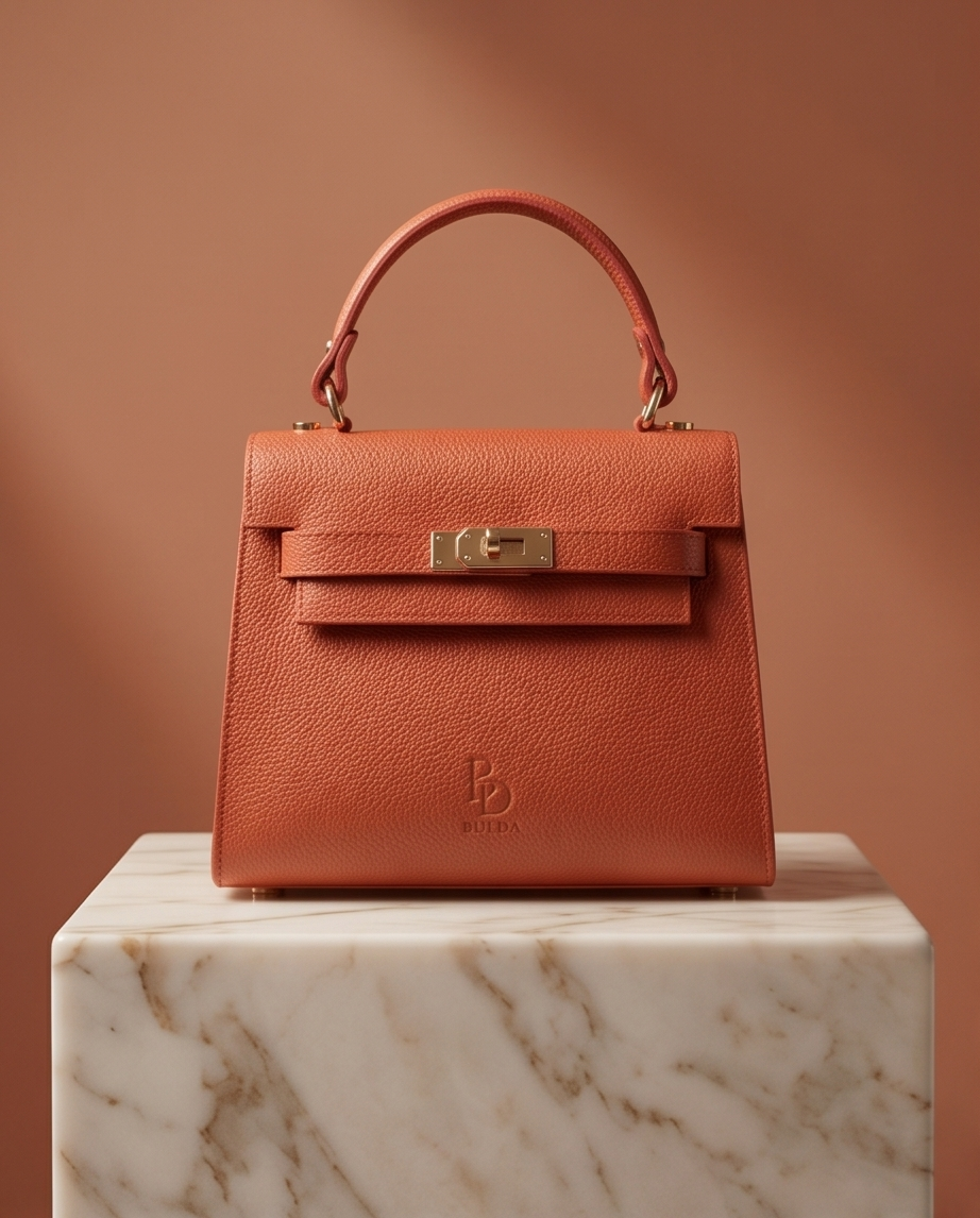 Classic terracotta grained leather handbag by Bulda, handmade in Italy, featuring gold-tone clasp and top handle.