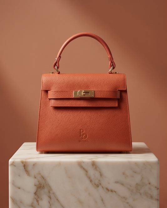 Classic terracotta grained leather handbag by Bulda, handmade in Italy, featuring gold-tone clasp and top handle.