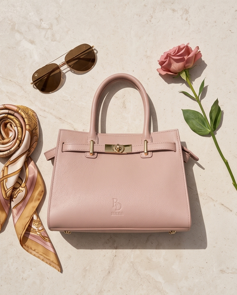 Overhead view of the pink BULDA handbag with fashion accessories.