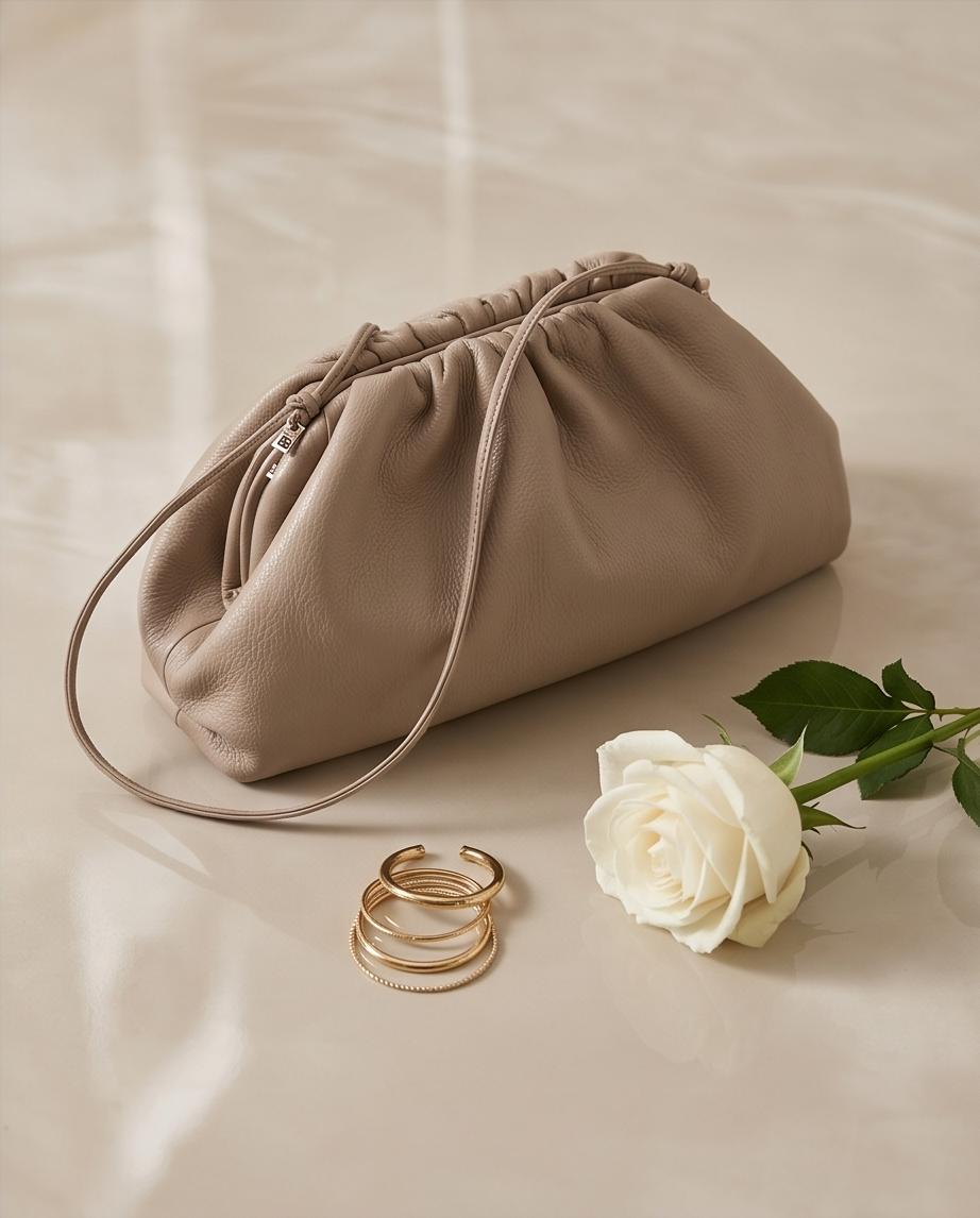 Luxury taupe leather pouch clutch on a white surface with a fresh rose and gold rings, Italian made fashion accessory.