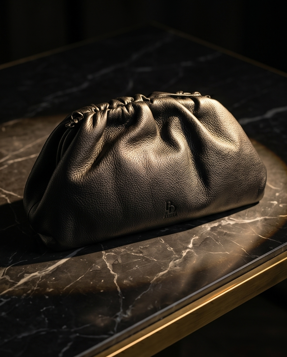 Sophisticated black natural nappa leather pouch clutch on a dark veined marble surface, Italian luxury design.