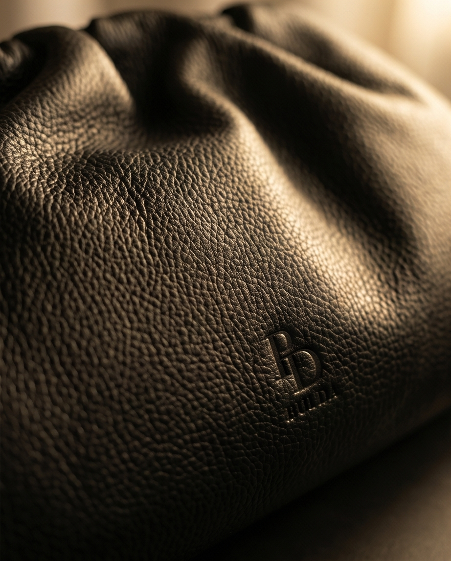 Detailed texture shot of the black genuine leather with the Bulda brand logo, premium Italian craftsmanship.