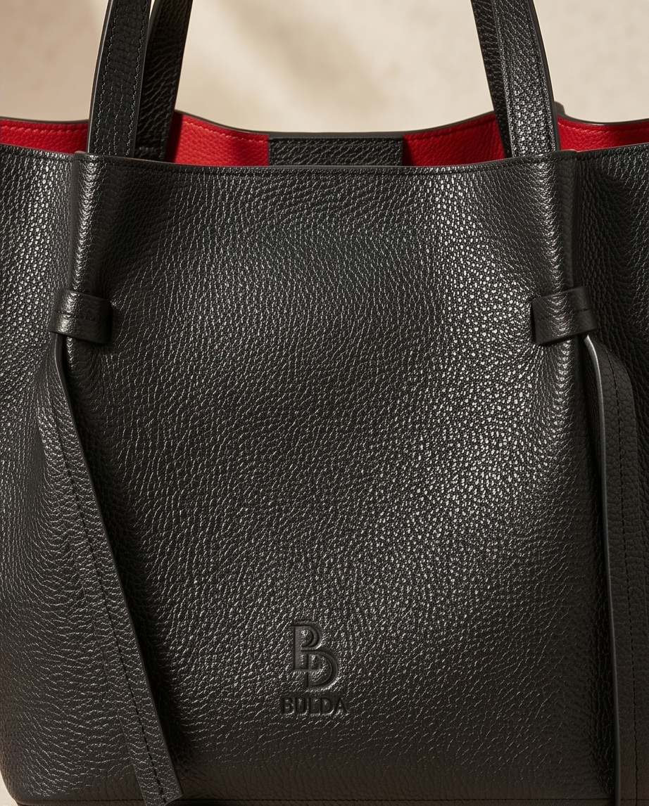 Detailed texture of black pebbled leather.