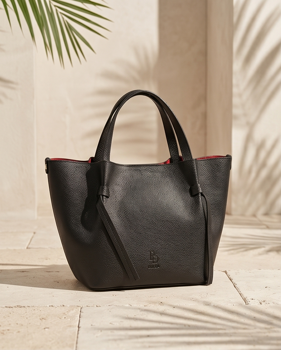 Black leather tote bag with visible red interior.