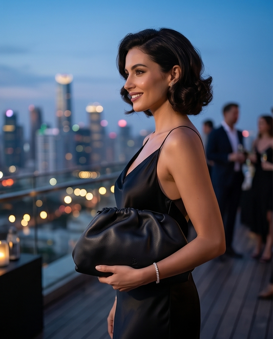 Stylish woman in a black dress holding the black leather clutch bag at an evening event on a panoramic terrace.