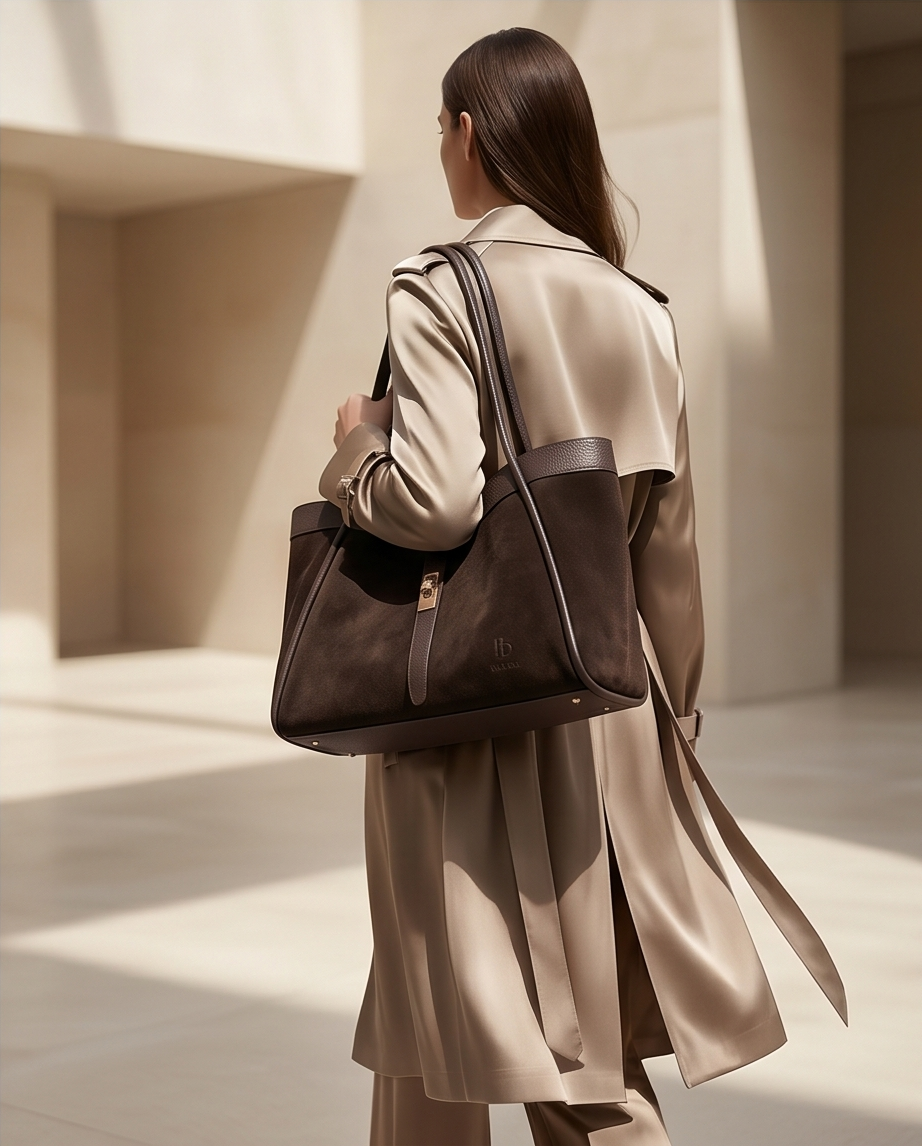 A woman in a silk-finish trench coat carrying the chocolate brown BULDA bag, back view.