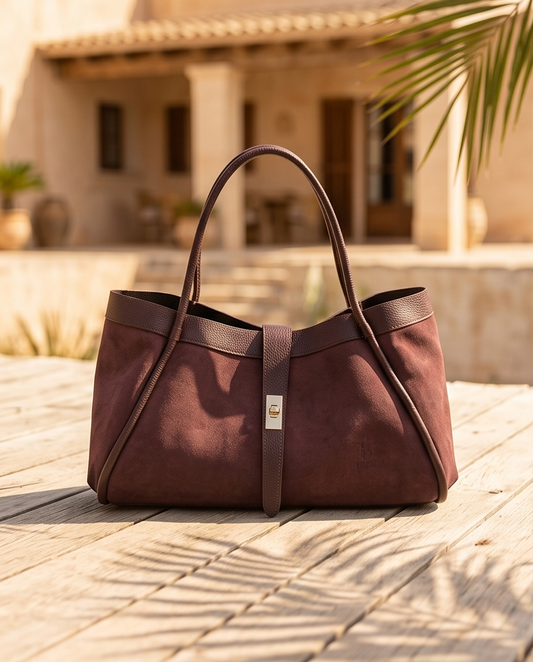 Luxury burgundy suede and leather tote bag by BULDA displayed on a rustic wooden table.