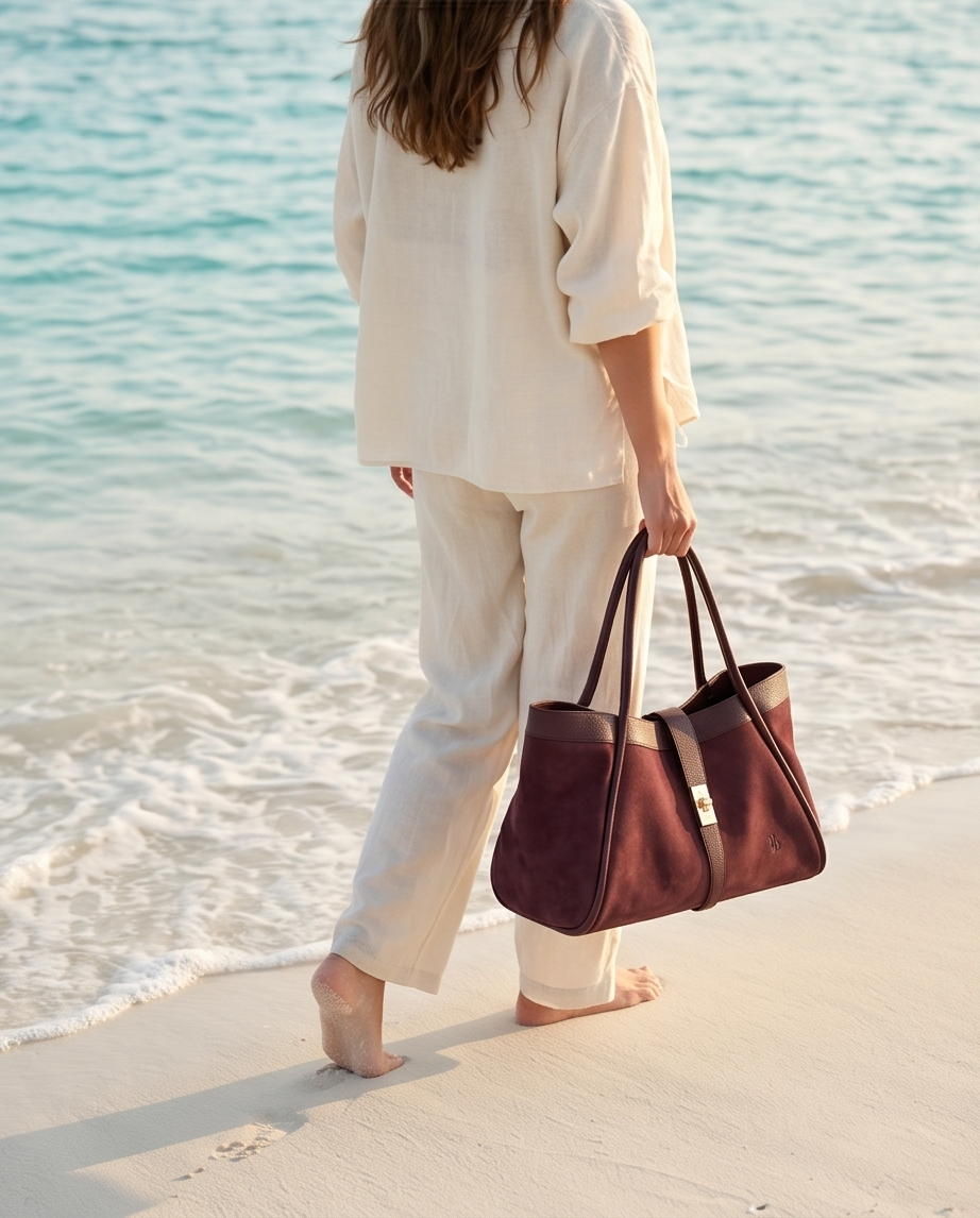 A woman walking barefoot on the beach at sunset, carrying a burgundy BULDA tote bag.