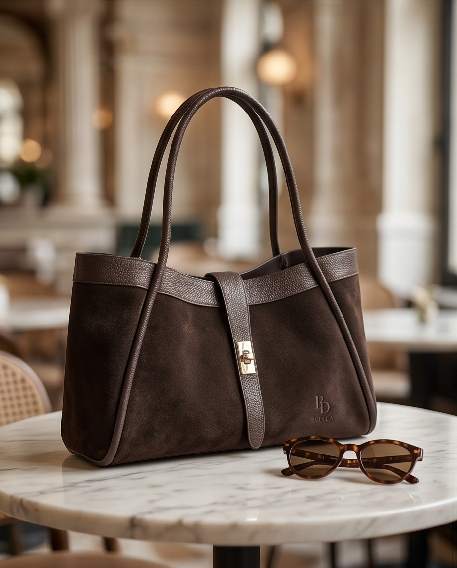 A brown BULDA handbag on a bistro table next to stylish tortoiseshell sunglasses.