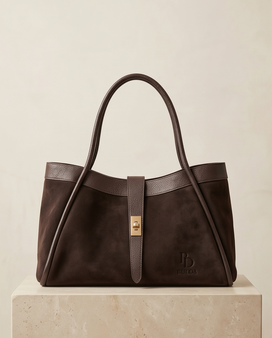 : A dark brown chocolate suede tote bag by BULDA standing on a minimalist stone pedestal.