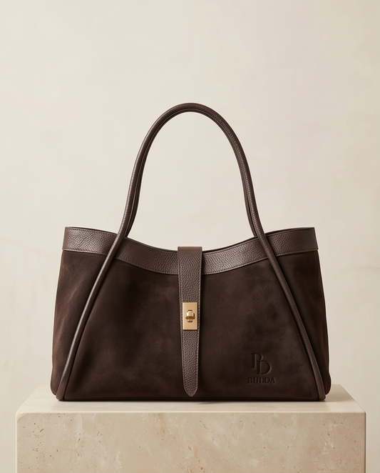 : A dark brown chocolate suede tote bag by BULDA standing on a minimalist stone pedestal.