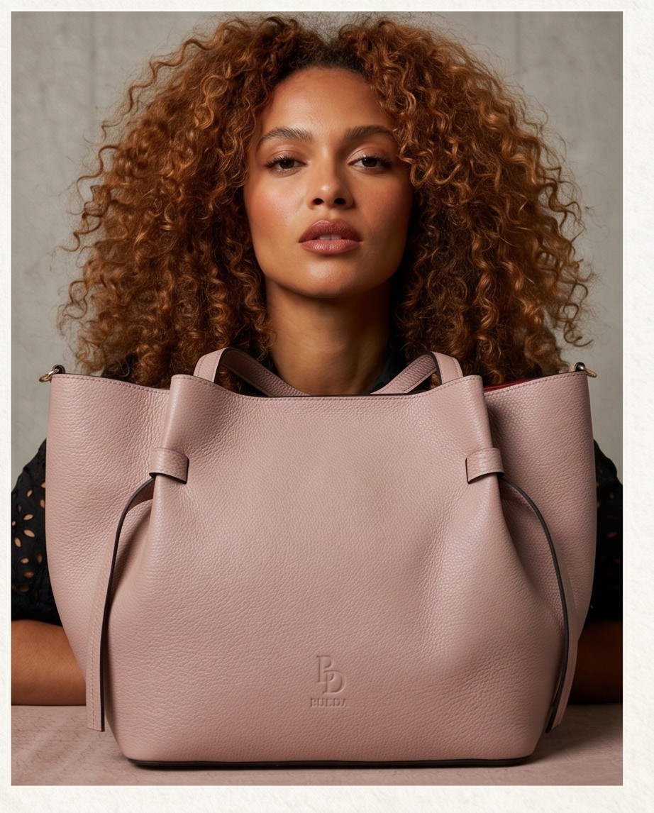 Close-up of a model featuring the pink Bulda tote bag.