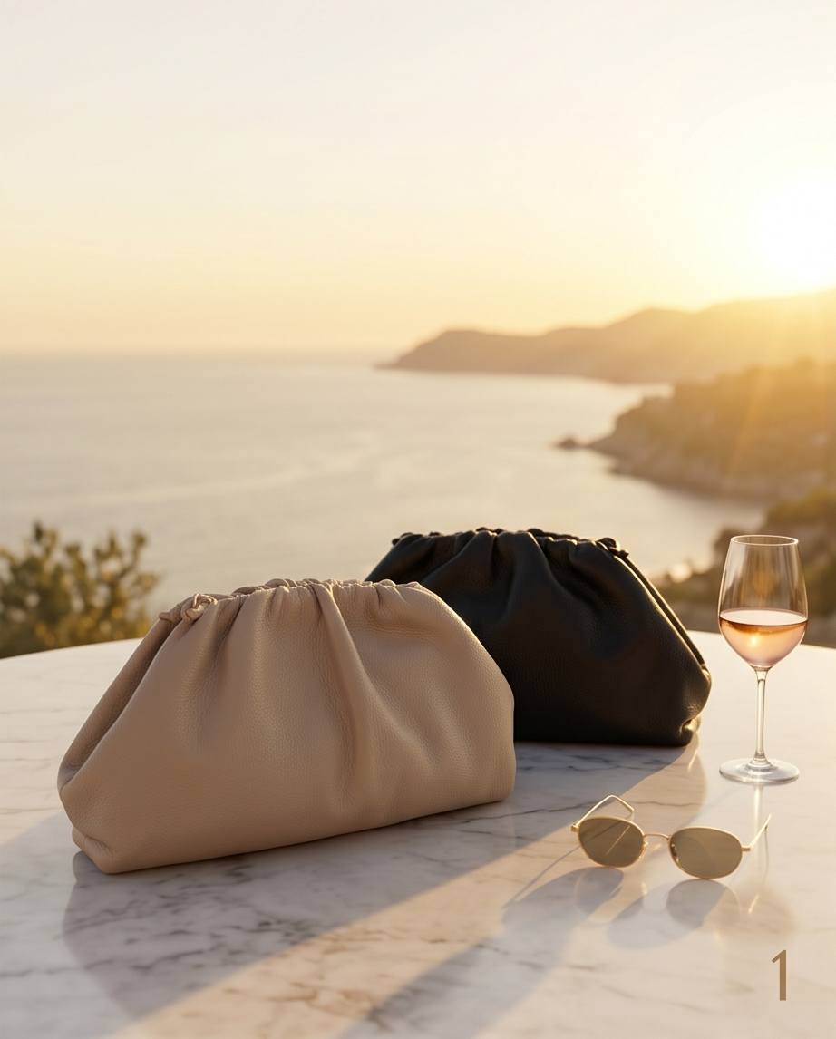Group shot of beige and black nappa leather pouch bags by Bulda on a table overlooking the Mediterranean sunset.