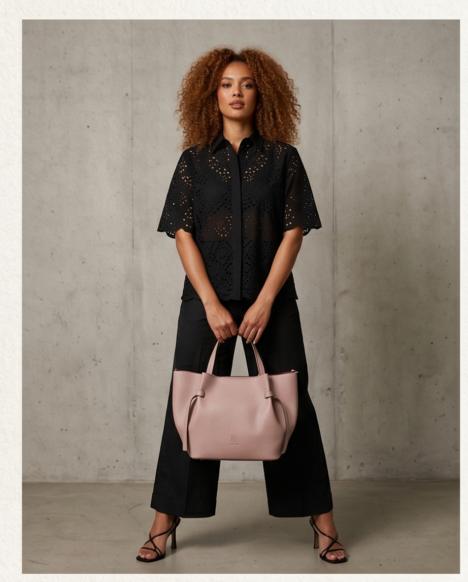  Pink leather bag held by a model dressed in black.