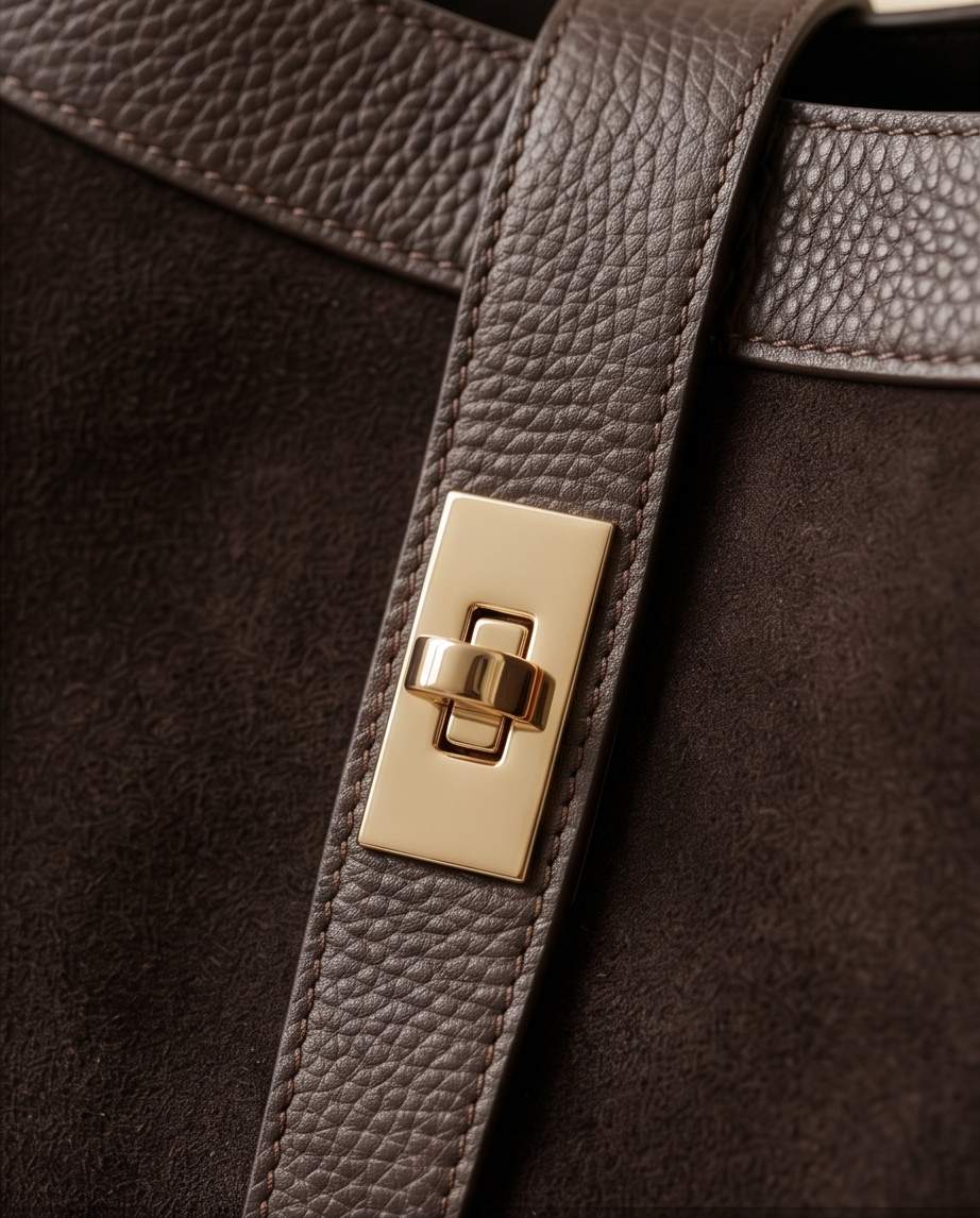 Macro view of the gold-finish lock on a brown pebbled leather strap of a BULDA suede bag.
