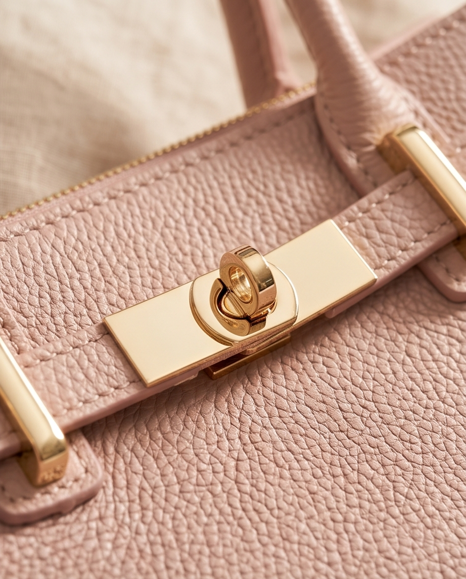 Macro shot of the gold-tone buckle and stitching on a pink leather bag.