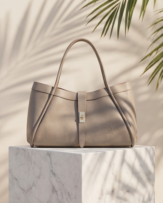 A light grey grain leather BULDA tote bag standing on a white marble block with palm leaf shadows.