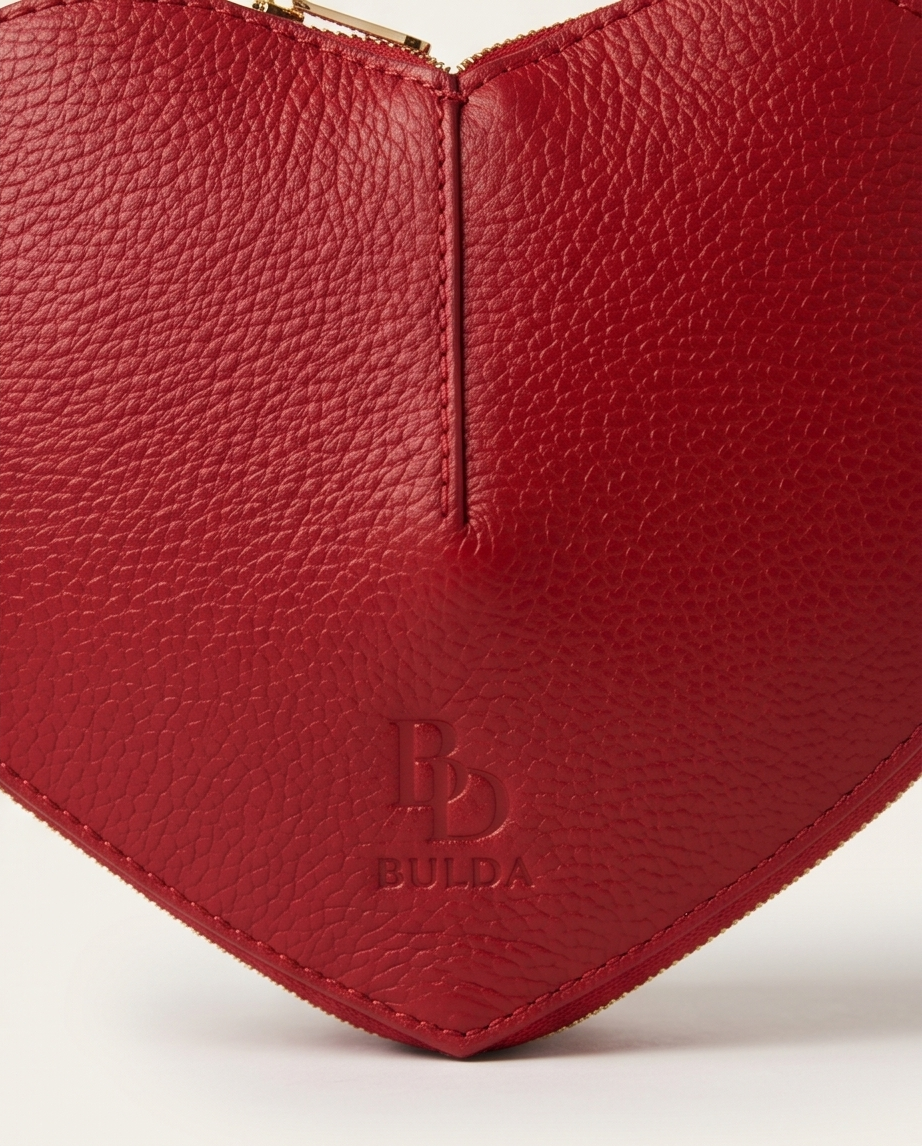 Macro shot of the BULDA logo on red leather.