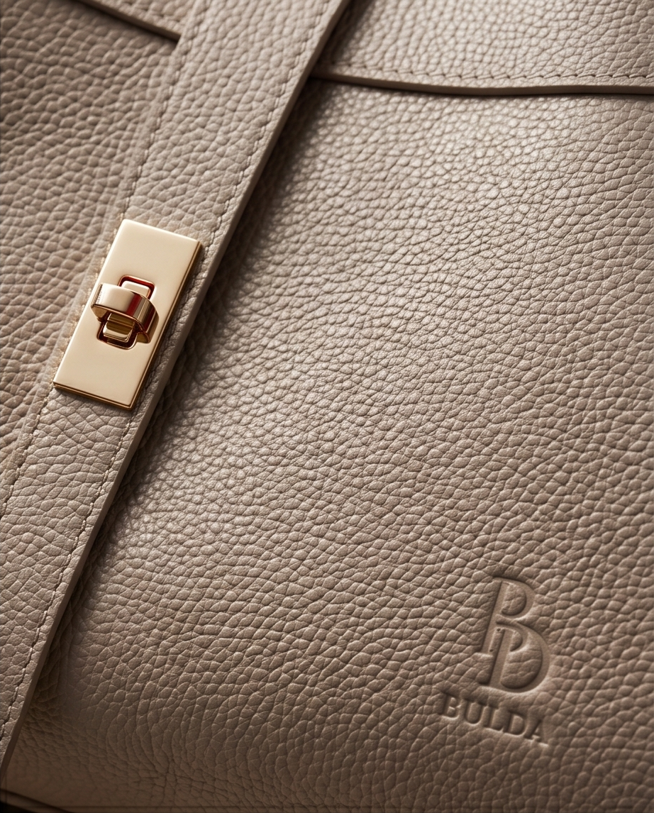 Macro shot of the embossed BULDA logo and gold hardware on premium pebble-grain leather.