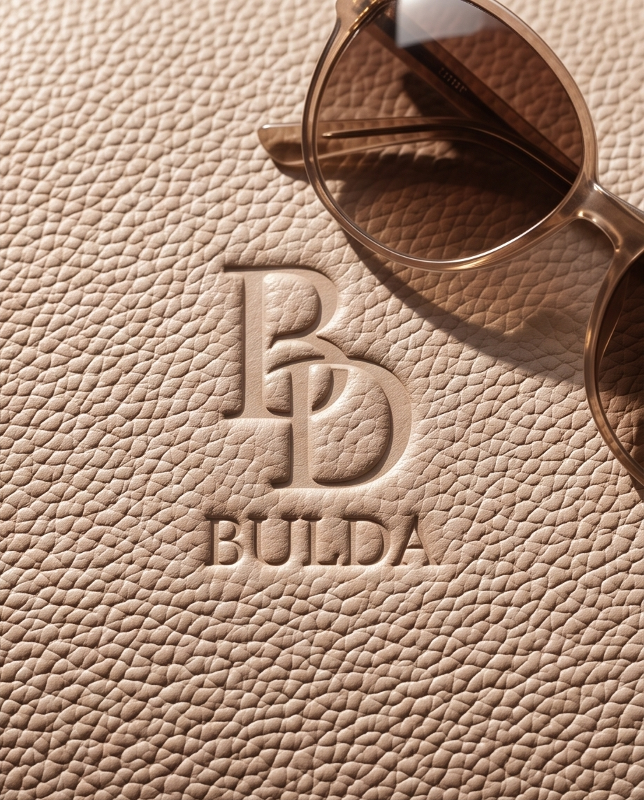 Close-up of embossed brand logo on leather 