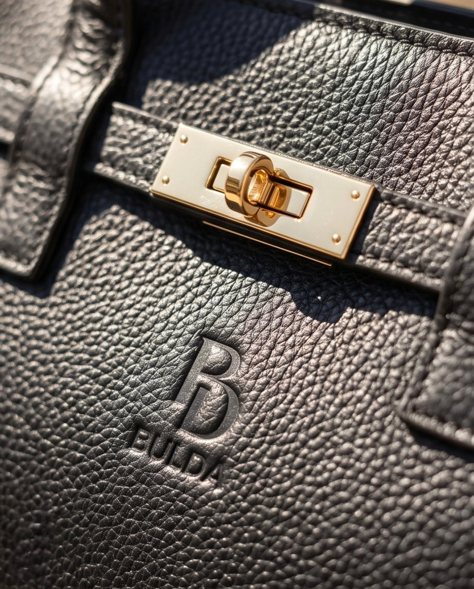 Macro shot of the Bulda brand logo embossed on high-quality black leather grain.