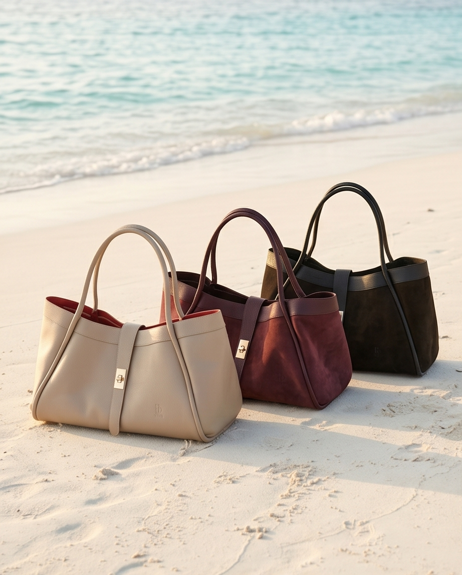 Beige, burgundy, and black BULDA bags lined up on a white sandy beach with soft waves in the background.