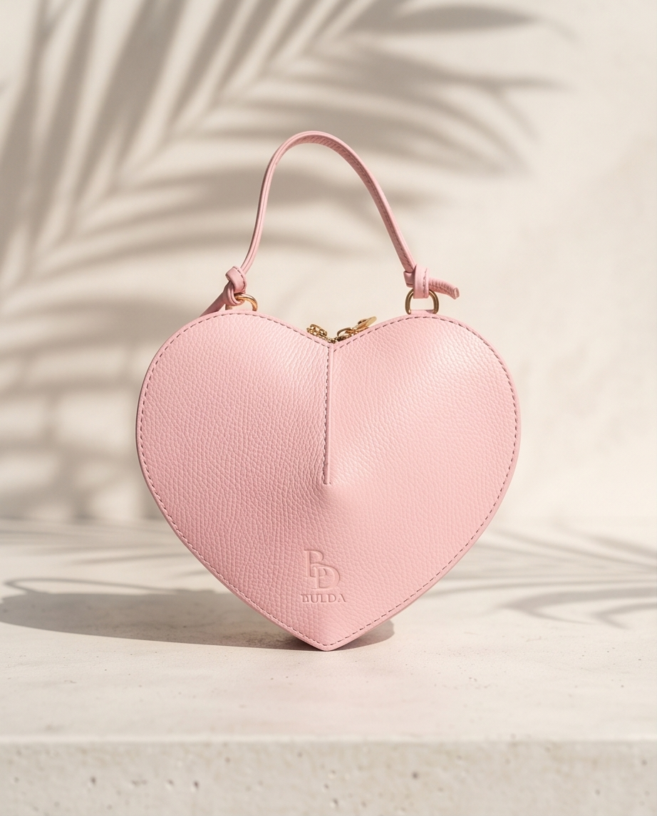 Front view of the Bulda heart-shaped leather handbag in pink featuring a top handle and embossed logo.