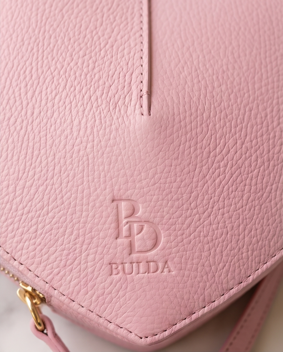 Close-up macro shot of pink genuine pebbled leather with the Bulda brand name embossed.