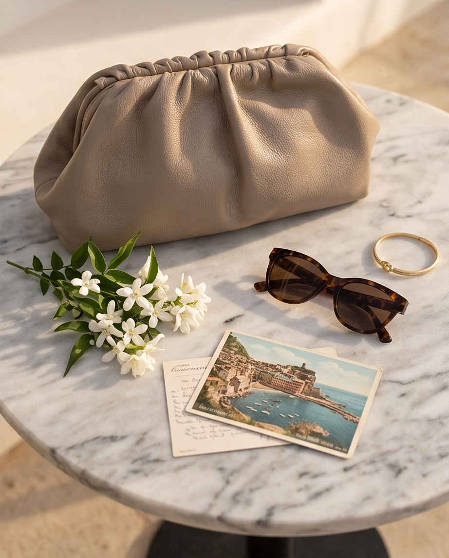 The taupe Bulda leather clutch on a marble table with sunglasses, jasmine flowers and a postcard of the Amalfi Coast.