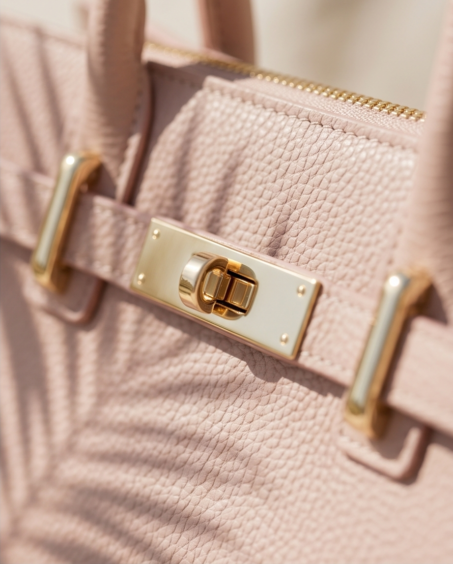Detailed texture of the pink leather material on a BULDA bag.