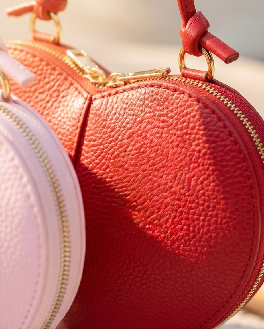 Side profile of a red leather heart bag showing the gold-tone metal zipper and textured leather grain.