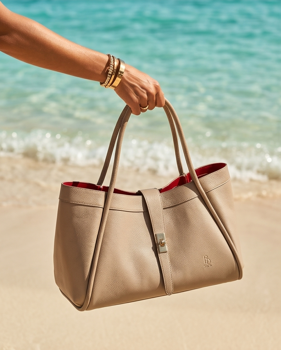 Close-up of a hand holding a beige BULDA leather bag against the background of ocean waves and a sandy beach.