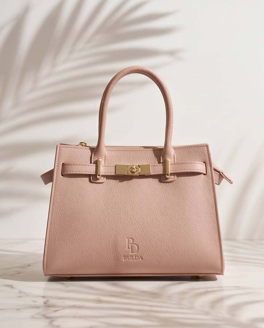 Front view of the BULDA pink leather handbag with gold hardware.