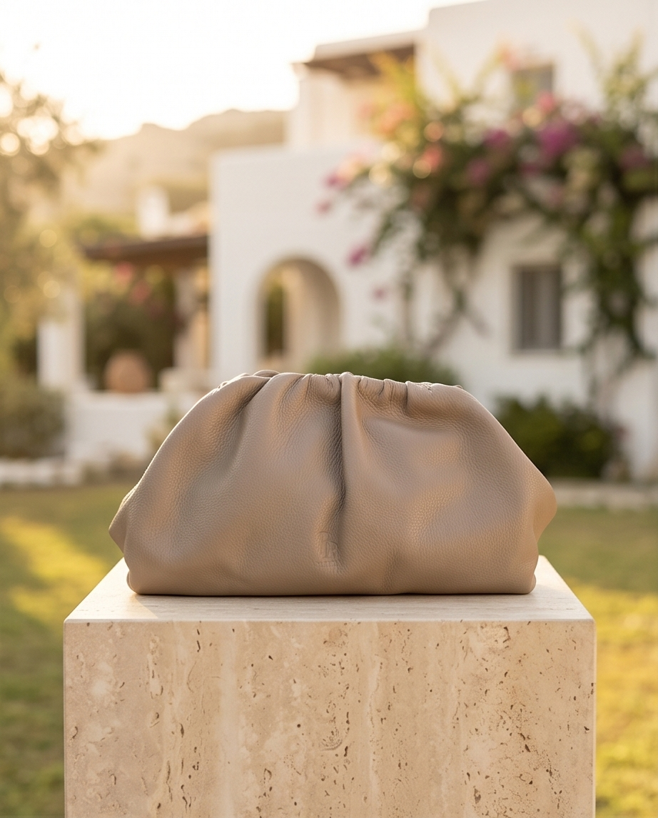 Structured view of the beige genuine leather pouch bag by Bulda, set against a Mediterranean garden background.