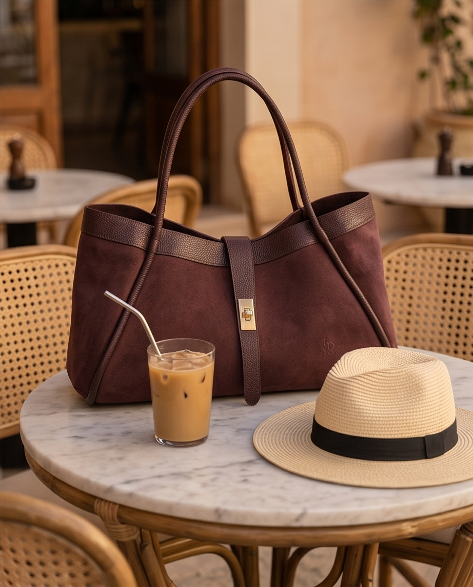 Aesthetic flat lay of a BULDA suede bag, straw hat, and iced coffee on a marble cafe table.