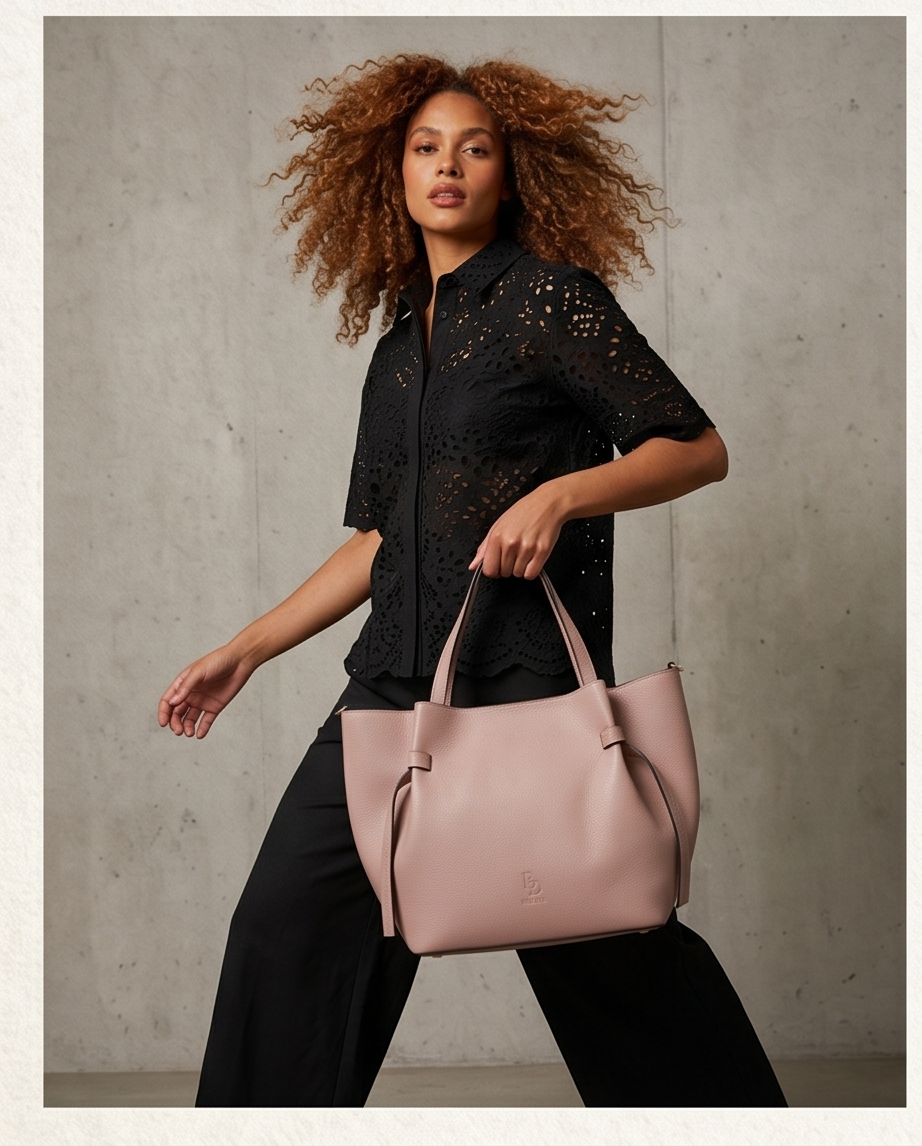 Model carrying a pink Bulda bag while in motion.