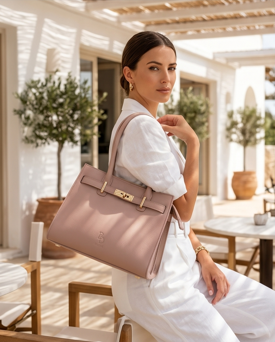 Fashion model posing with the pink BULDA tote bag.