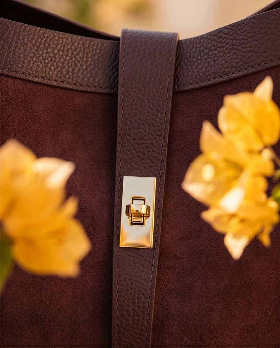 Close-up of the polished gold-tone lock and textured leather strap on a BULDA handbag.